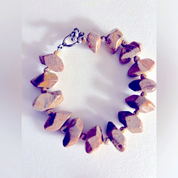 Bracelet Picture Jasper carved stone Handmade, 8” tan brown, silver toggle clasp - Picture 1 of 3